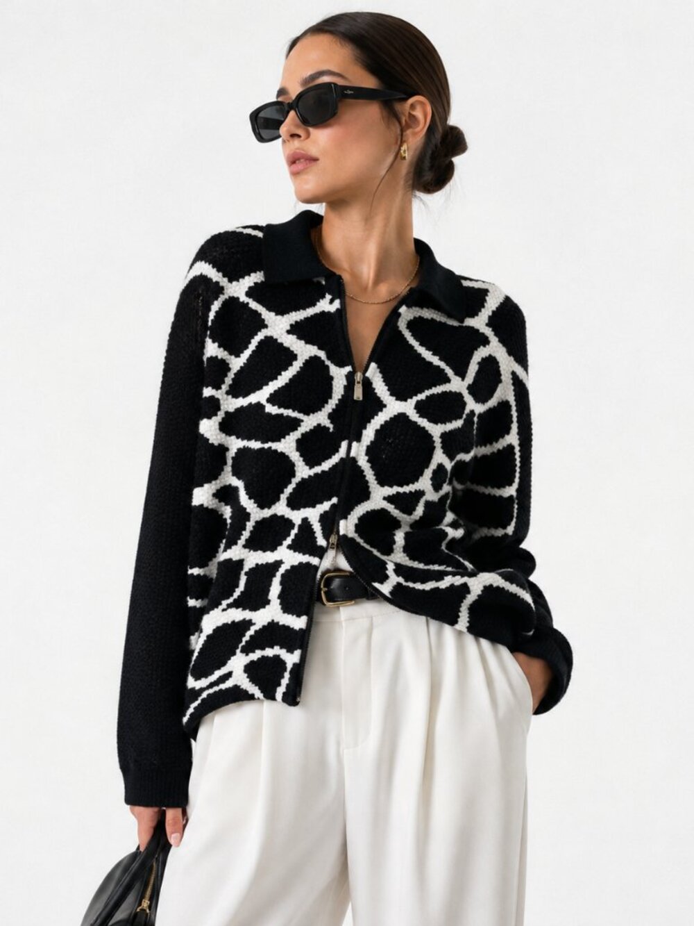 Vintage Victoria Harbour Giraffe Cardigan Womens L Black White Animal Print Knit